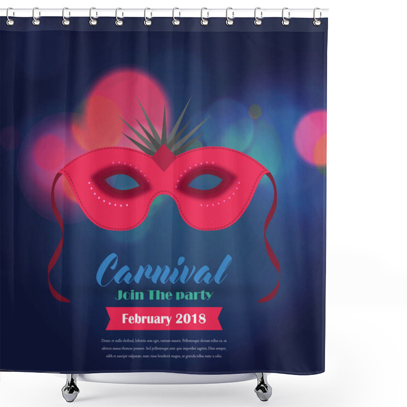 Personality  Happy Brazilian Carnival Festival. Carnival Red Mask On Blue Blurred Background With Creative Typography Shower Curtains