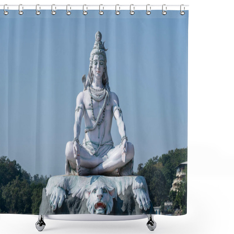 Personality  Statue Of Meditating Hindu God Shiva Against The Blue Sky On The Ganges River At Rishikesh Village In India, Close Up Shower Curtains