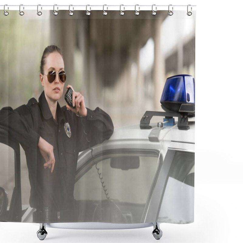 Personality  Policewoman In Sunglasses Talking On Portable Radio Near Car  Shower Curtains