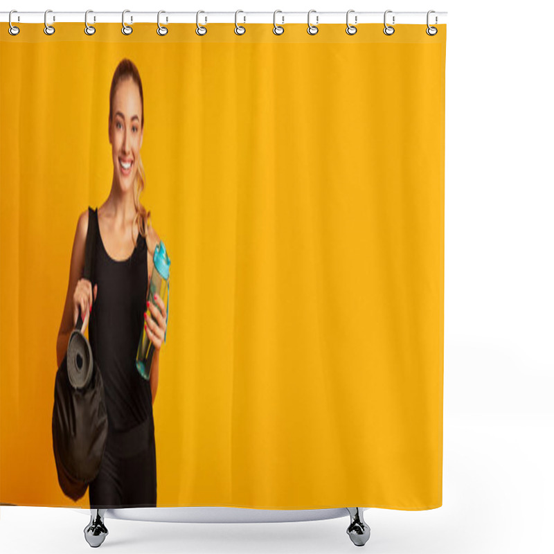 Personality  Woman Holding Fitness Bag Ready For Training, Studio Shot, Panorama Shower Curtains