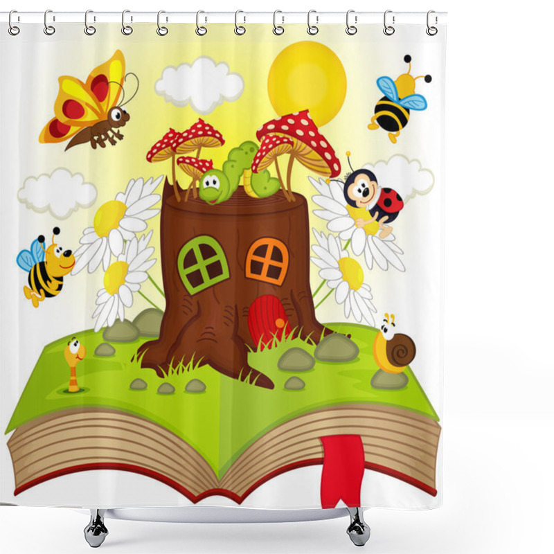 Personality  Open Book With House Stump And Insects Shower Curtains