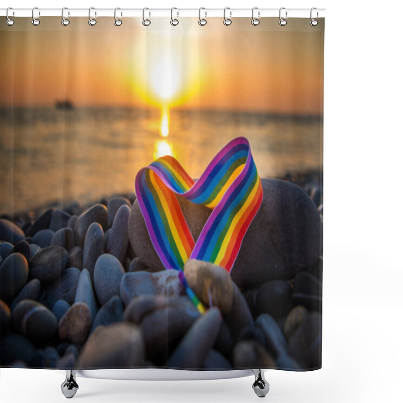 Personality  Rainbow Ribbon In The Shape Of A Heart - A Symbol Of LGBT On Stones By The Sea At Sunset Shower Curtains