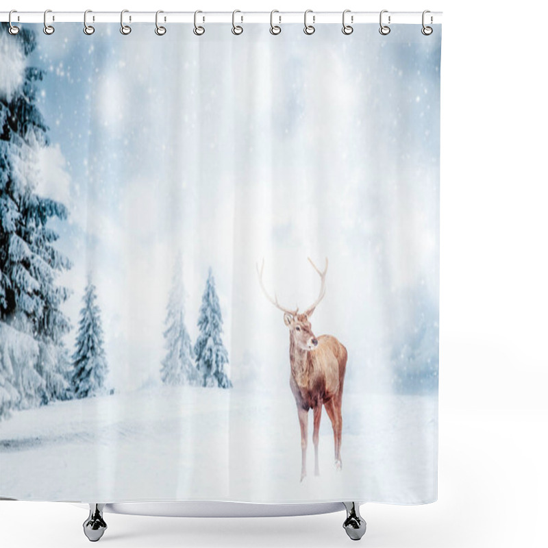 Personality  Magical Christmas Card With Noble Deer Male In Fairy Tale Winter Landscape Shower Curtains