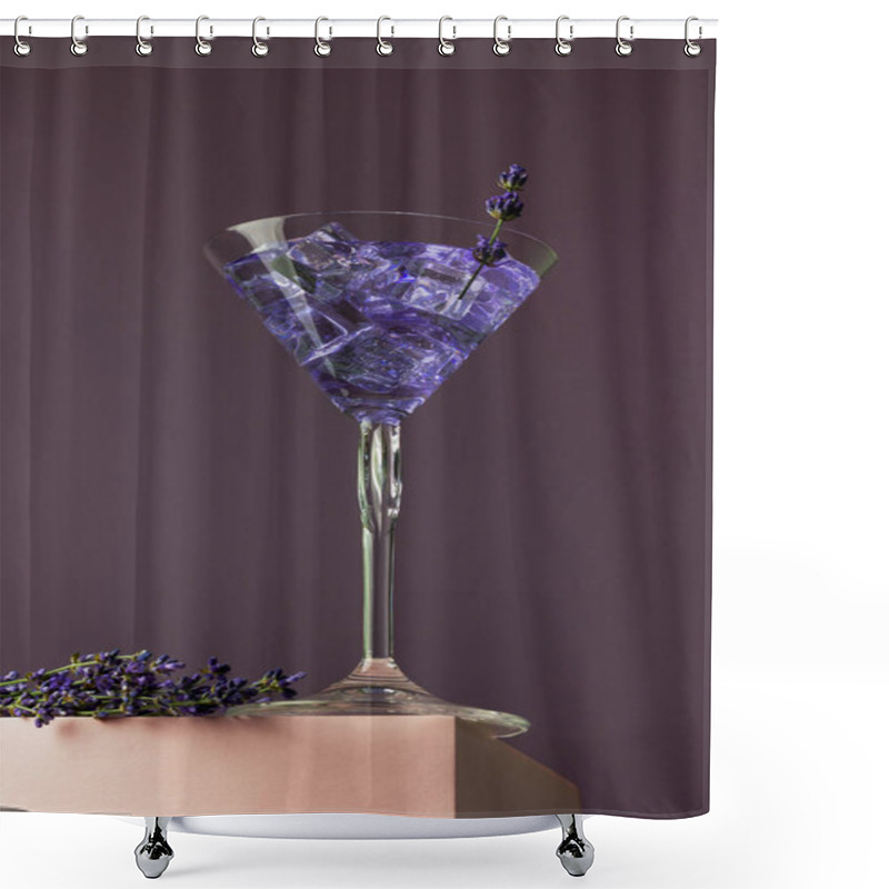 Personality  Purple Cocktail Drink In A Glass With Lavender Flowers On A Pink Podium. Summer Fresh Cocktail Concept. Copy Space. Shower Curtains