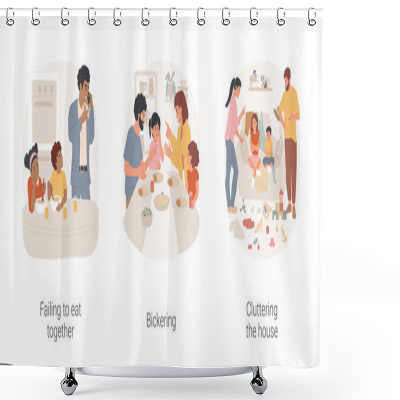 Personality  Family Problems Isolated Cartoon Vector Illustration Set. Failing To Eat Together, Busy Parents, Family Bickering, Cluttering The House, Clothes And Toys Scattered In Living Room Vector Cartoon. Shower Curtains