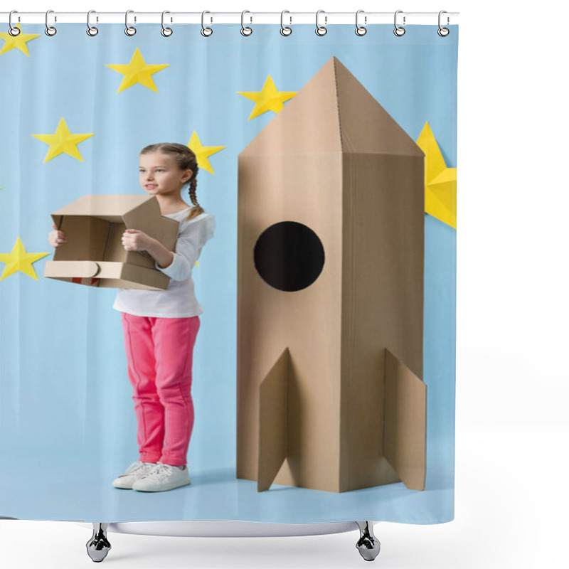 Personality  Inspired Kid Standing Near Big Cardboard Rocket And Holding Helmet On Blue Starry Background Shower Curtains