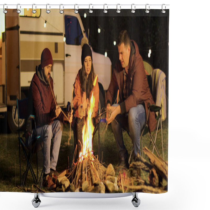 Personality  Girl Warming Up Her Hands While Her Friend Making The Fire Stronger Shower Curtains