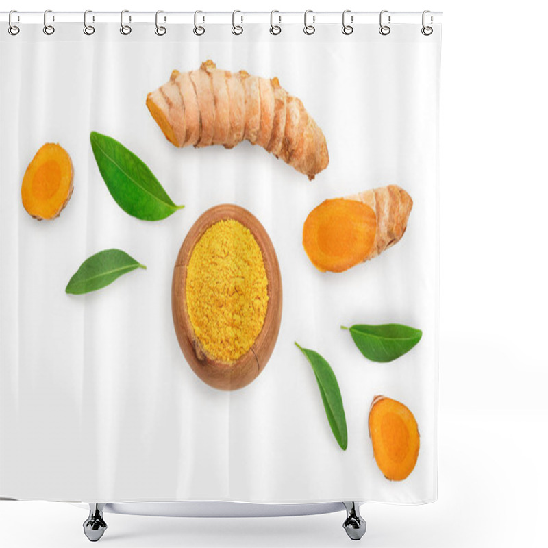 Personality  Turmeric Powder And Turmeric Root Isolated On White Background With Copy Space For Your Text. Top View. Flat Lay Shower Curtains