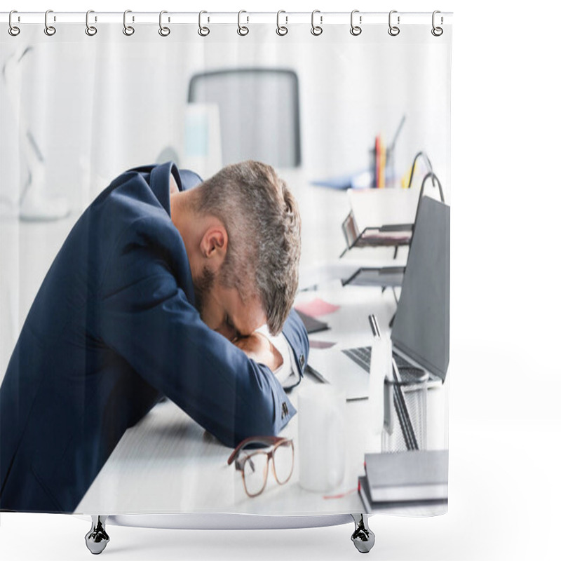 Personality  Tired Businessman With Closed Eyes Sitting Near Laptop And Stationery On Blurred Foreground In Office  Shower Curtains