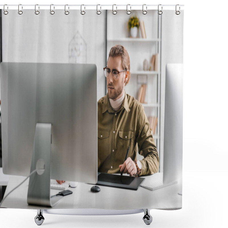 Personality  Digital Designer Using Computer And Graphics Tablet At Table In Office  Shower Curtains