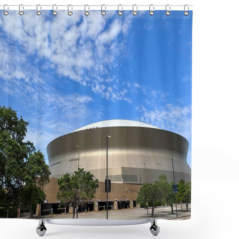 Personality  Exterior View Of The Iconic Caesars Superdome In New Orleans Under A Bright Blue Sky With Scattered Clouds, Surrounded By Trees And A Large Parking Area Shower Curtains