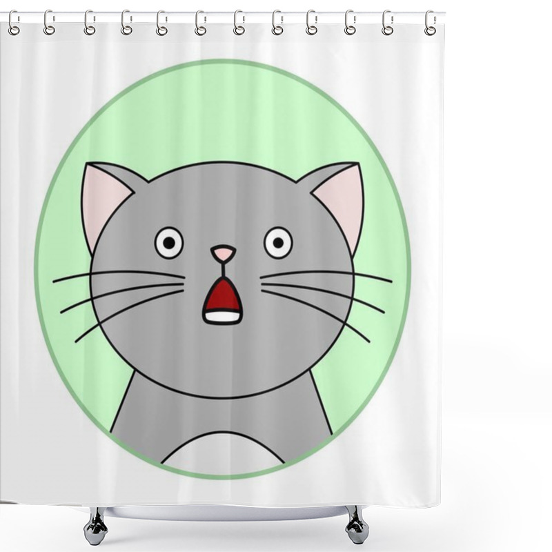 Personality  Cute Shocked Cat, Round Icon, Emoji. Gray Cat With Whiskers, With A Mouth Open From Shock, Round Eyes. Vector Image Isolated On A White Background. Shower Curtains