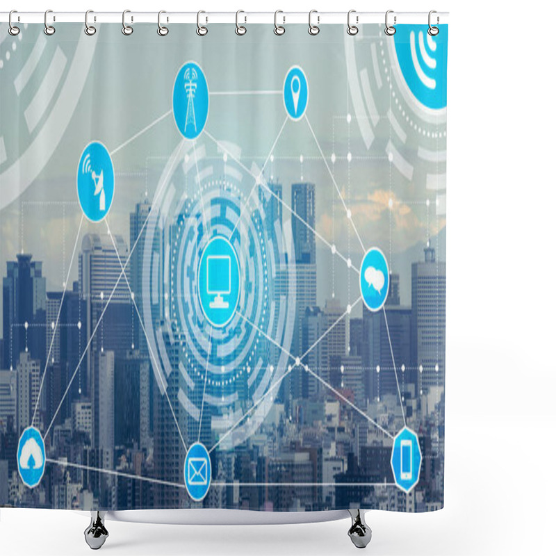 Personality  Smart City Wireless Communication Network With Graphic Showing Concept Of Internet Of Things ( IOT ) And Information Communication Technology ( ICT ) Against Modern City Buildings In The Background. Shower Curtains