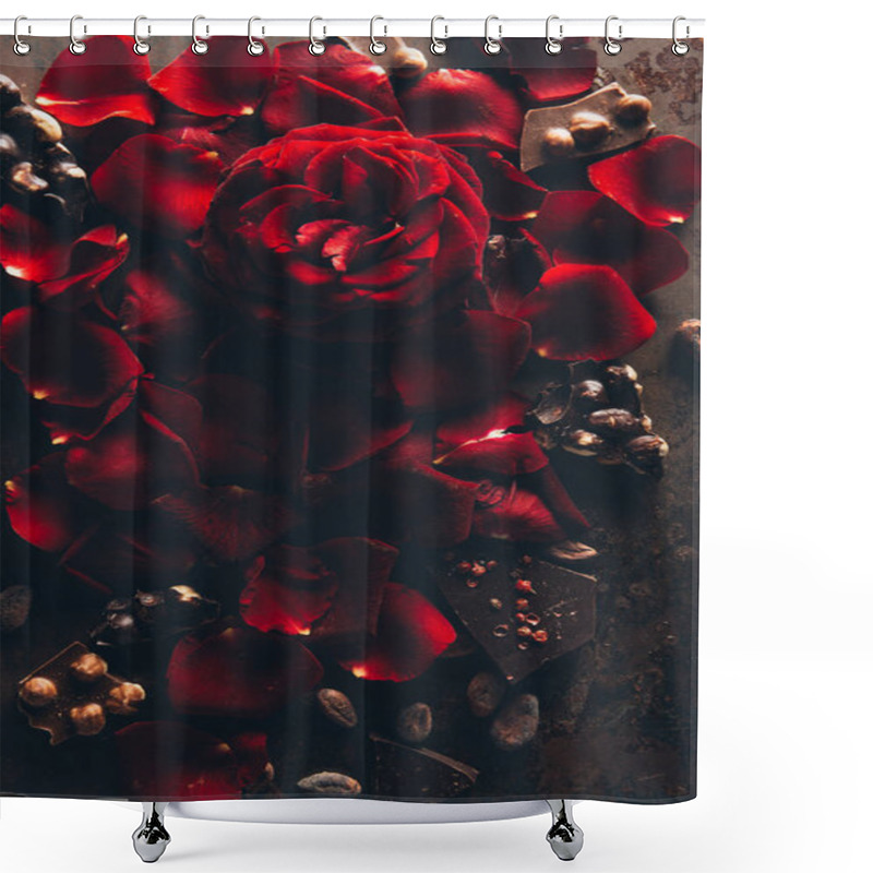 Personality  Top View Of Beautiful Red Rose Petals And Gourmet Chocolate With Hazelnuts   Shower Curtains