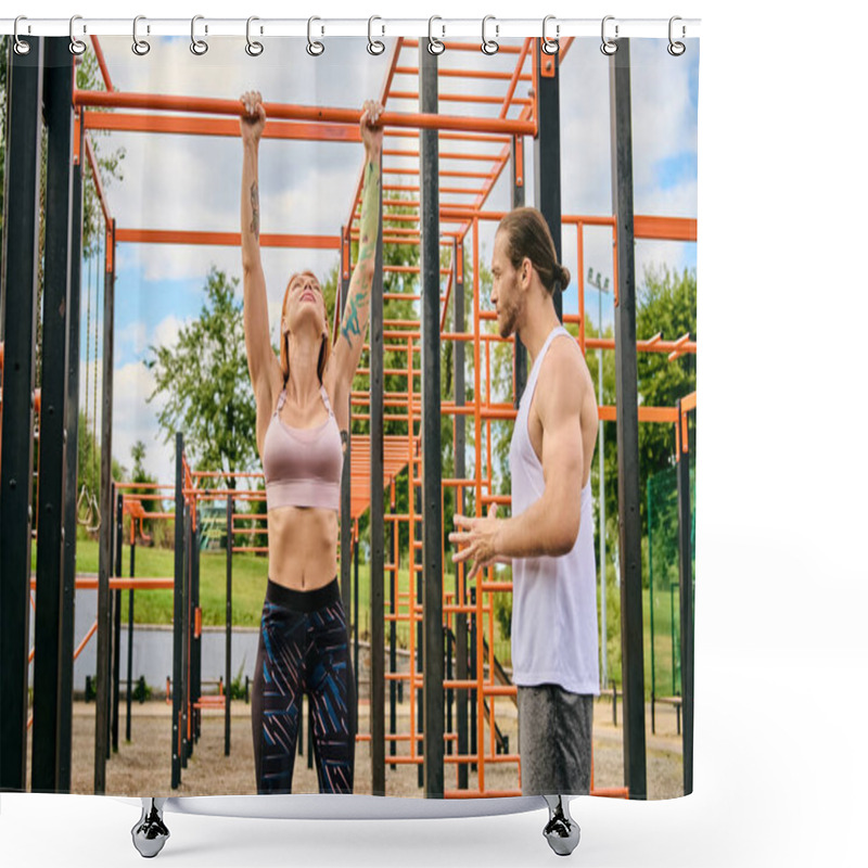 Personality  A Man And Woman, In Sportswear, Are Standing In Front Of A Gym, Exuding Determination And Motivation, Personal Trainer. Shower Curtains