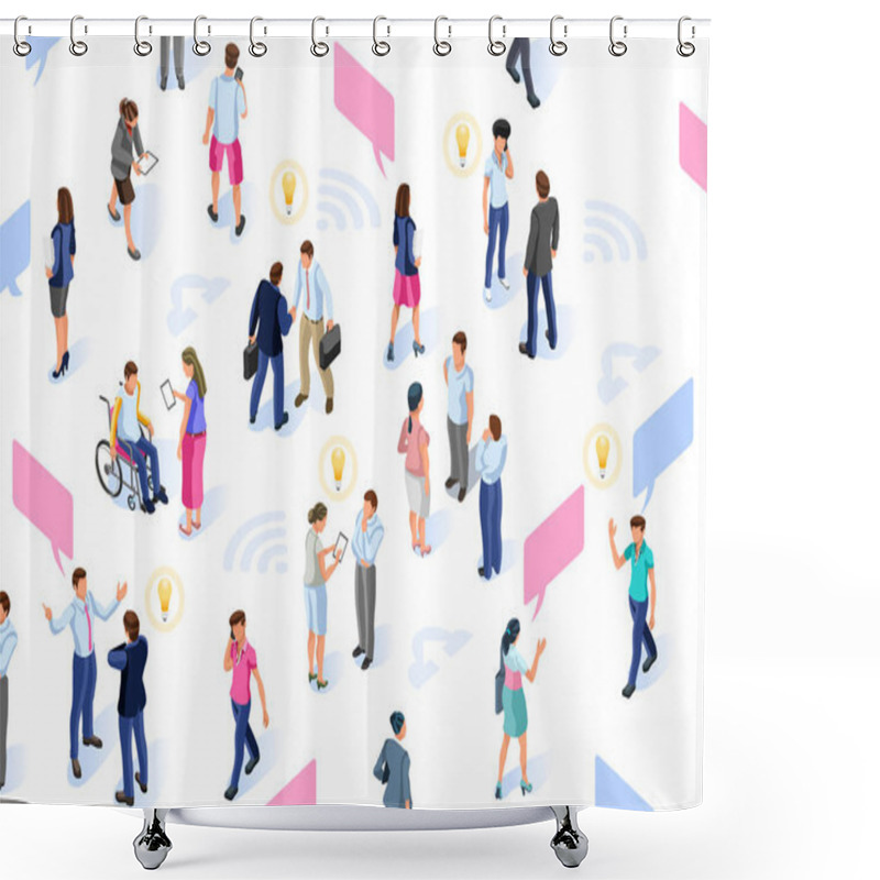 Personality  Brainstorm Infographic With Isometric Characters. Group For Development Resources. Idea Concept For Social Media Solutions. Flat Isometric People Illustration Vector Isolated On White Background. Shower Curtains