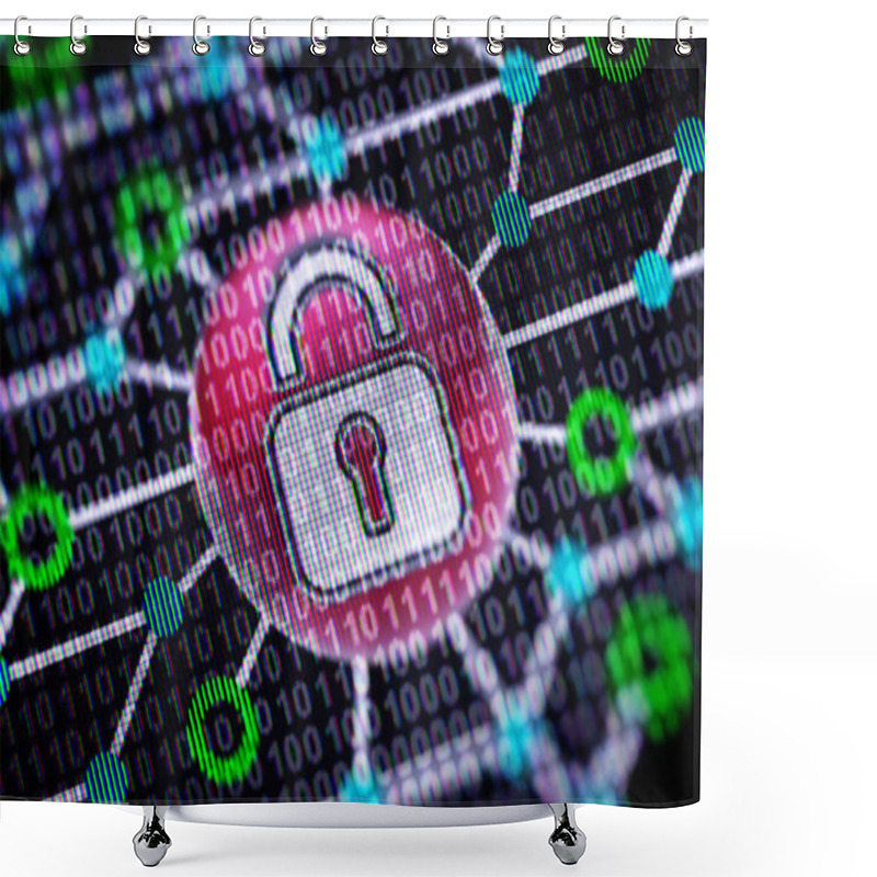 Personality  Lock Icon. Circuit Board And Binary Code ( Array Of Bits ) In The Screen.  Shower Curtains