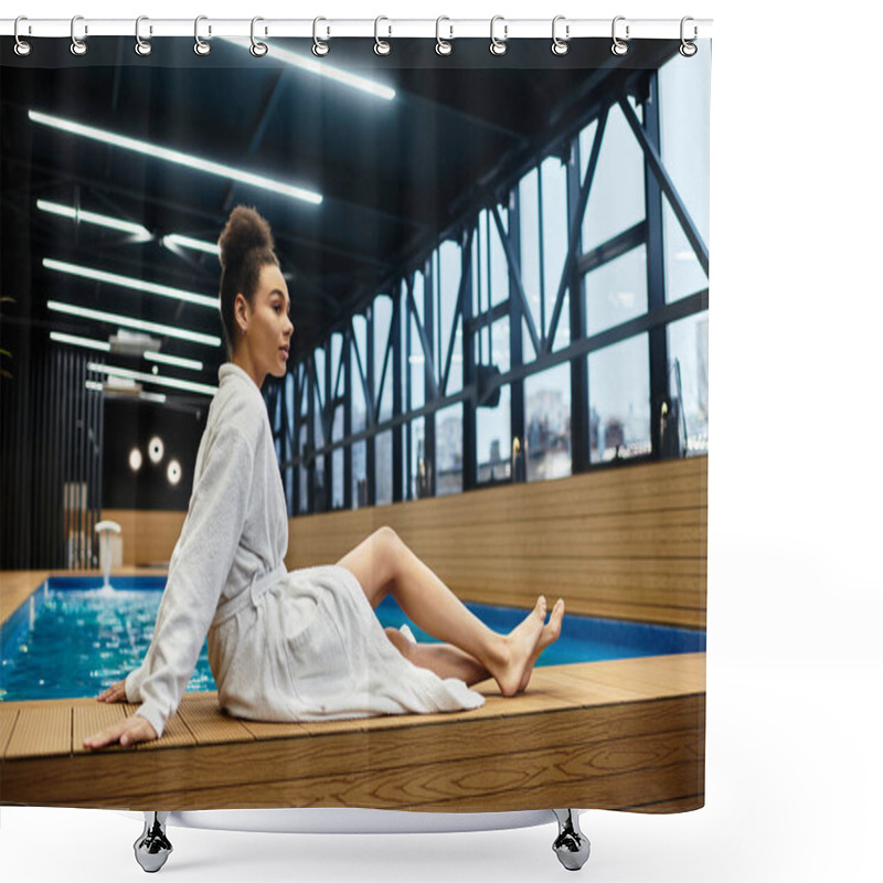 Personality  A Young African American Woman Enjoys Relaxation At A Spa With A Calm Poolside Atmosphere. Shower Curtains