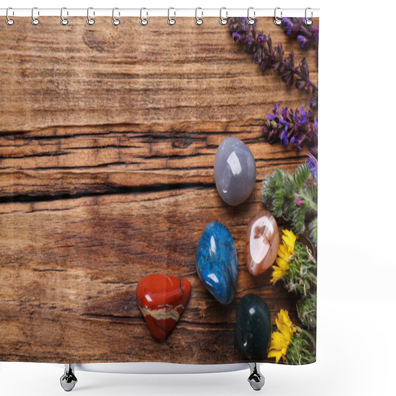 Personality  Flat Lay Composition With Different Gemstones And Healing Herbs On Wooden Table, Space For Text Shower Curtains