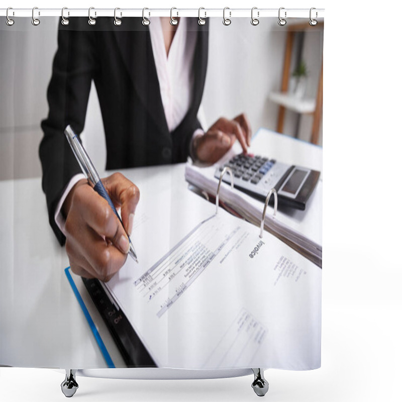 Personality  Photo Of Businesswoman's Hand Calculating Bill In Office Shower Curtains