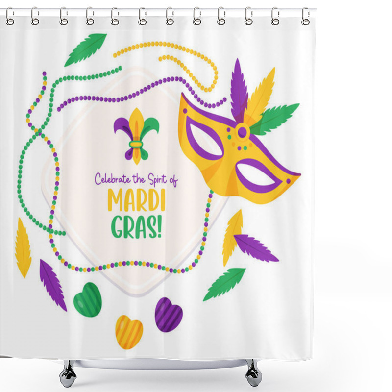 Personality  Mardi Gras Carnival. Plate With Carnival Mask, Beaded Necklaces, Feathers And Candies. Isolated Vector Illustrations In Cartoon Style Shower Curtains