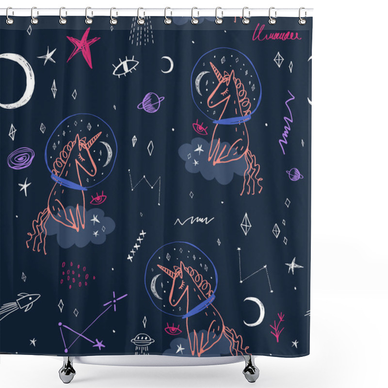 Personality  Space And Unicorn, Hand Drawing Doodle Childish Vector Shower Curtains