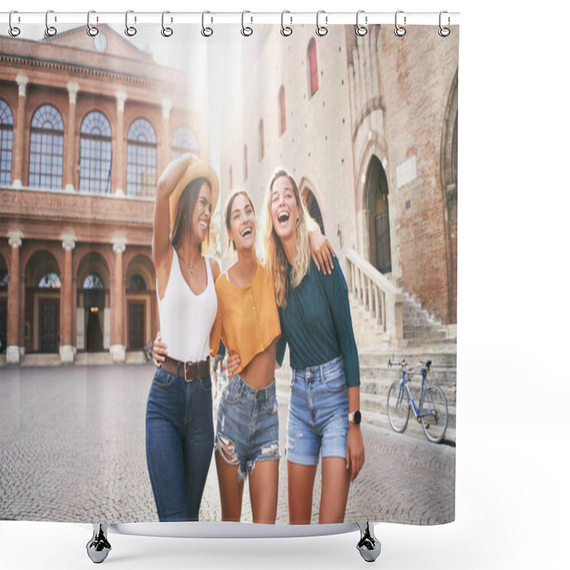 Personality  Fantastic Time Spent With Best Friends. Three Happy Girls Having Fun Outdoors In Summer Vacations At City. Portrait Of Smiling Woman Hugging Looking At Camera Together. High Quality Photo Shower Curtains