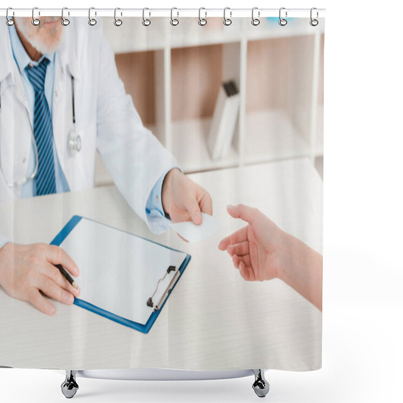 Personality  Partial View Of Doctor Giving Prescription To Patient At Workplace In Clinic Shower Curtains