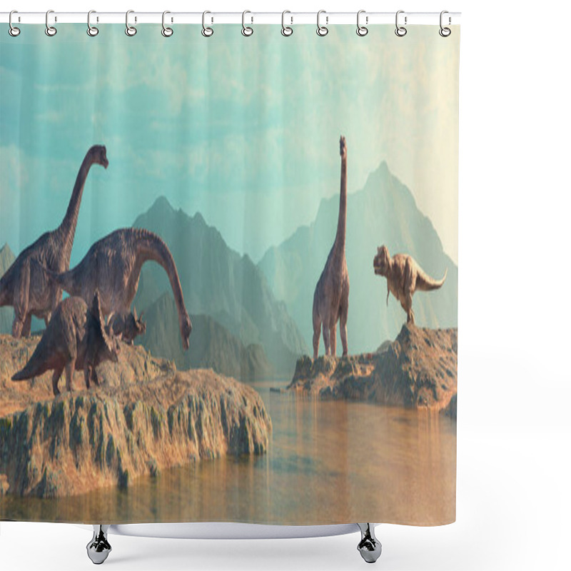 Personality  Dinosaurs In The Nature At Mountains . This Is A 3d Render Illustration. Shower Curtains