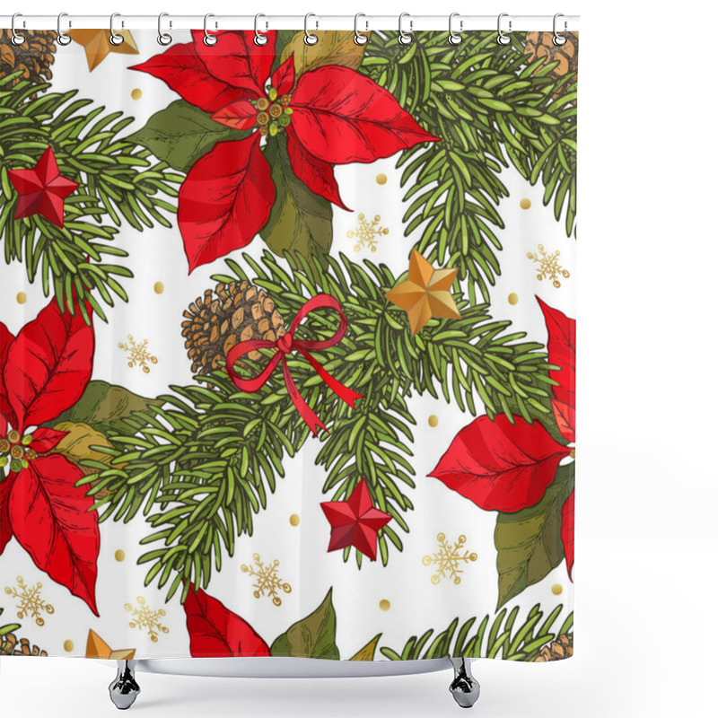 Personality  Vector Seamless Christmas Background With Hand Drawn With Spruce Branches, Cones, Poinsettia Flowers, Red And Gold Stars, Red Bows And Gold Snowflakes On White Background. New Year Pattern With Fluffy Shower Curtains