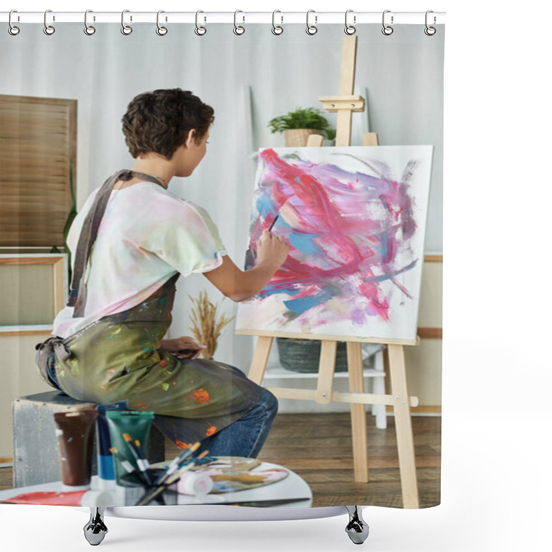 Personality  The Young Woman Focuses Intently As She Brings Her Creative Vision To Life With Bold Brush Strokes. Shower Curtains