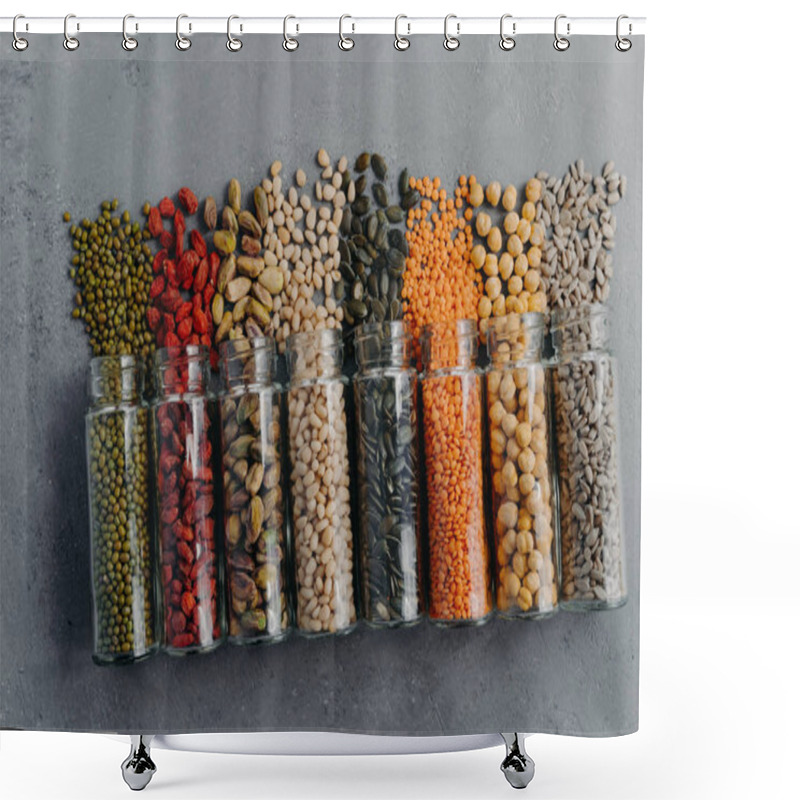 Personality  Indoor Shot Of Organic Grains, Nuts, Seeds In Transparent Glass Jars Spilled On Grey Surface. Food Package Storage. Healthy Products For Vegetarians. Zero Waste Products Shower Curtains