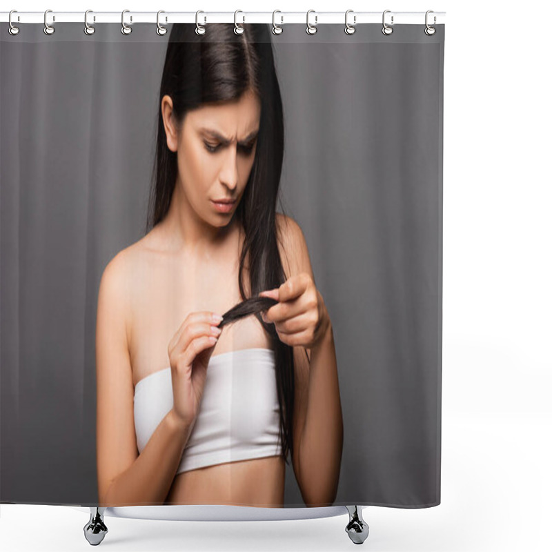 Personality  Worried Brunette Long Haired Woman Looking At Split Ends Isolated On Black Shower Curtains