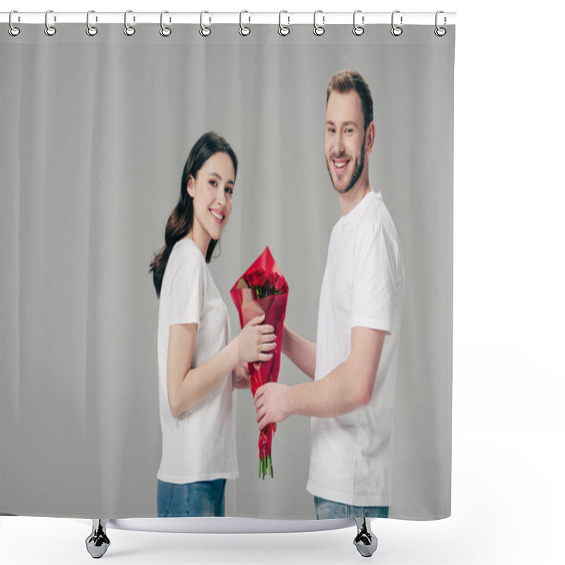 Personality  Cheerful Man And Woman In White T-shirts Holding Bouquet Of Red Roses And Looking At Camera Isolated On Grey Shower Curtains