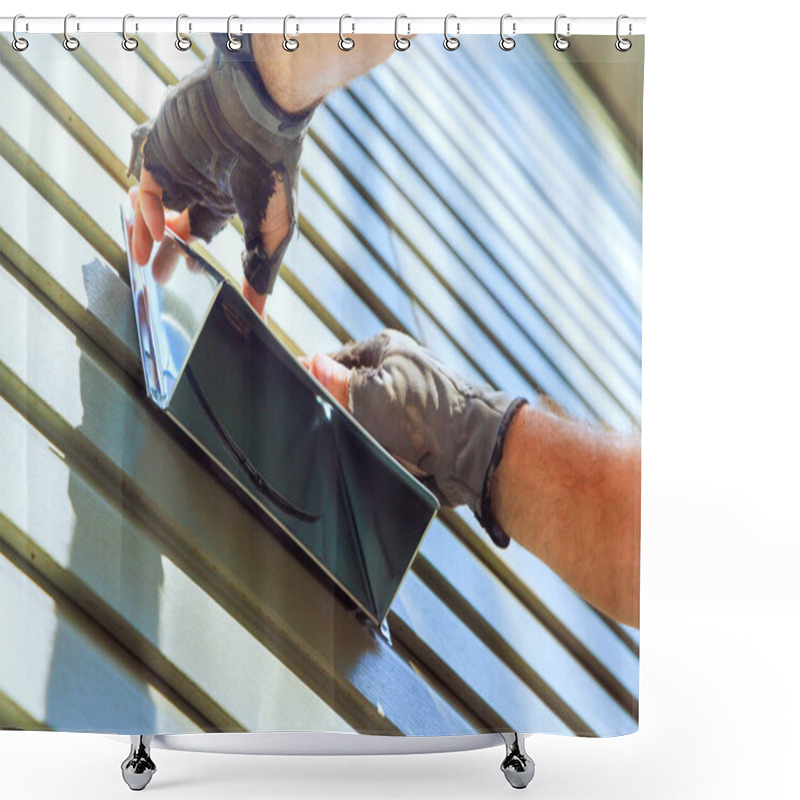 Personality  Skilled Worker Securely Attaches Ventilation Metal Flashing To Exterior Siding Of House Shower Curtains