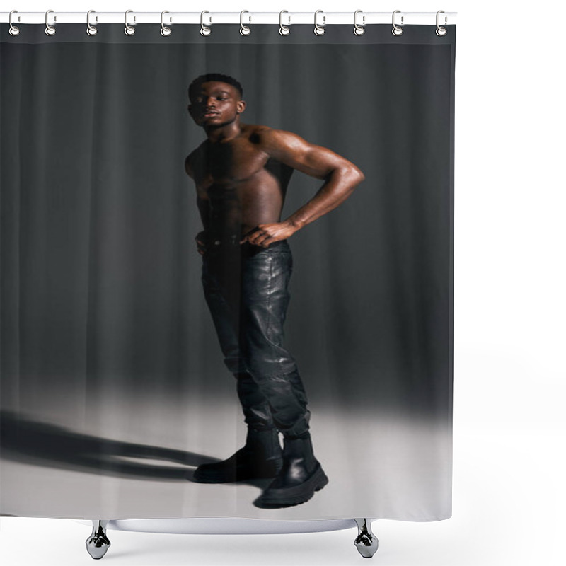 Personality  A Striking Young Man Exudes Confidence While Posing Topless Against A Minimalist Backdrop. Shower Curtains