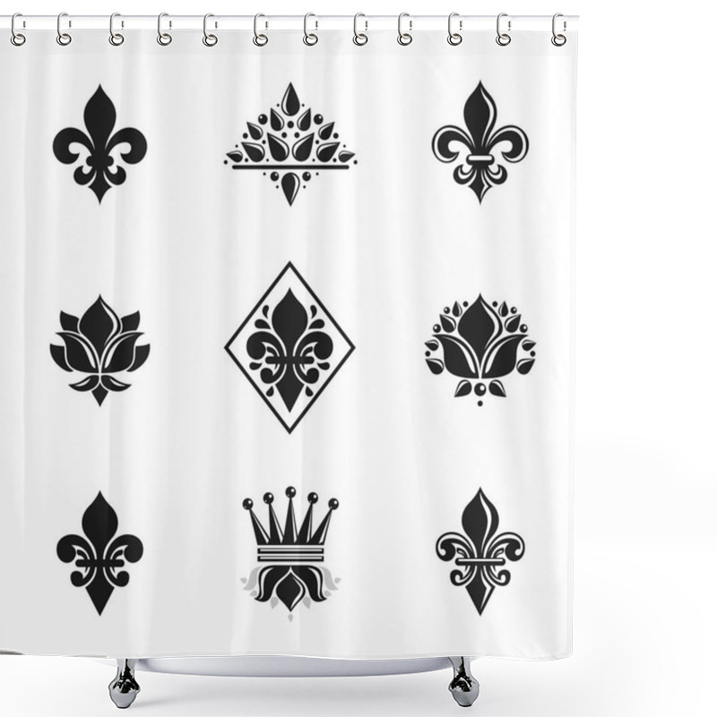 Personality  Royal Symbols Lily Flowers, Floral And Crowns, Emblems Set. Heraldic Vector Design Elements Collection. Retro Style Label, Heraldry Logo. Shower Curtains