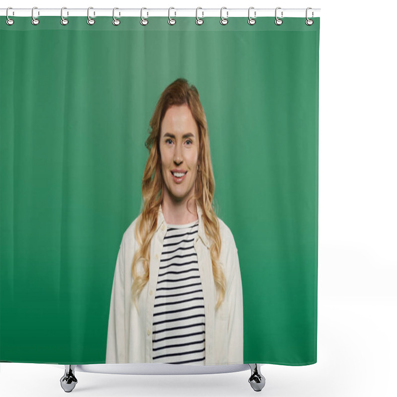 Personality  A Joyful Woman With Curly Hair Smiles Warmly, Dressed Simply And Standing Out Against A Vibrant Green Backdrop. Shower Curtains