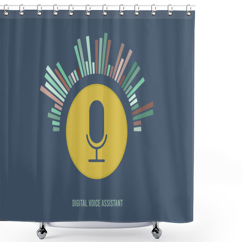 Personality  Digital Voice Assistant Concept With Microphone Icon And Sound Wave Design. Equalizer Wave Flow Background Represents Voice And Sound Recognition. Personal Assistant, Voice Recognition Vector Concept Shower Curtains