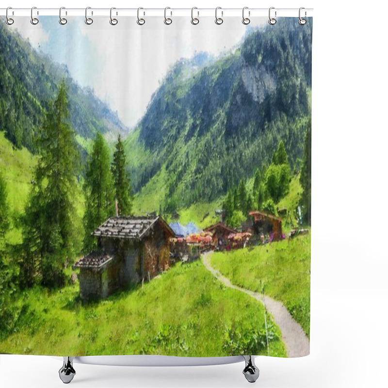 Personality  Oil Painting Canvas Of Austrian Tirol Farmland In High Tauern Mountain Range. Shower Curtains