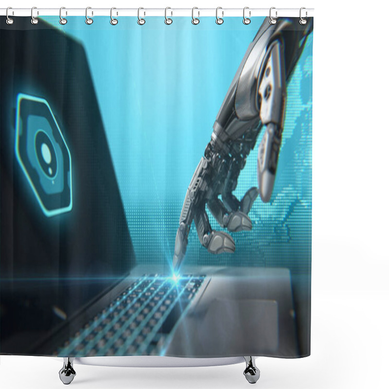 Personality  A Robot Working With Laptop. Highly Detailed Model Shower Curtains