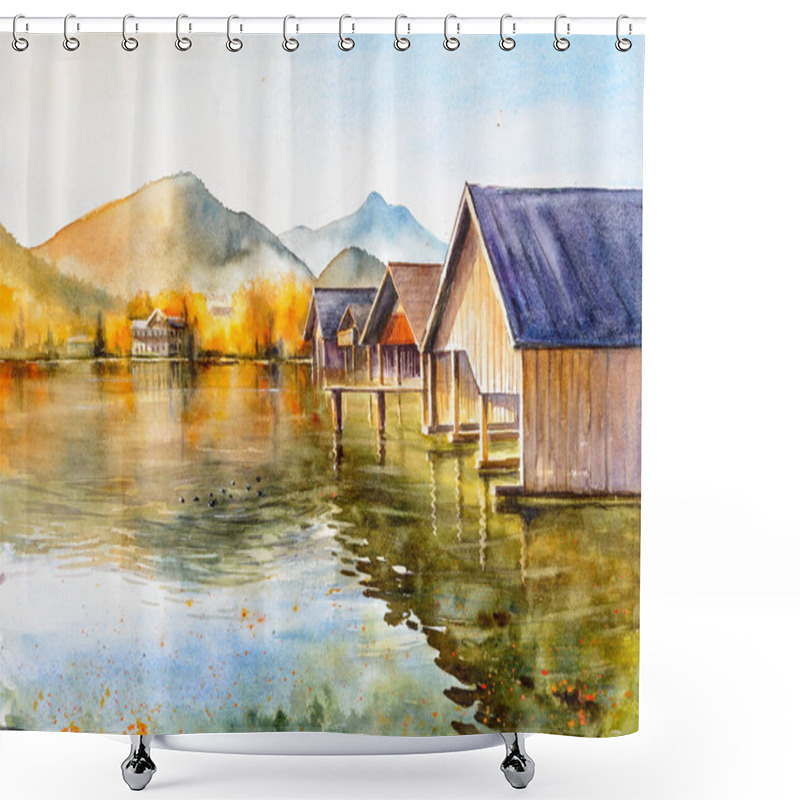 Personality  Yacht Dock On The Lake. Misty Morning On The Lake Grundlsee Location: Resort Grundlsee, Liezen District Of Styria, Austria, Alps. Europe.Pictute Created With Watercolors. Shower Curtains