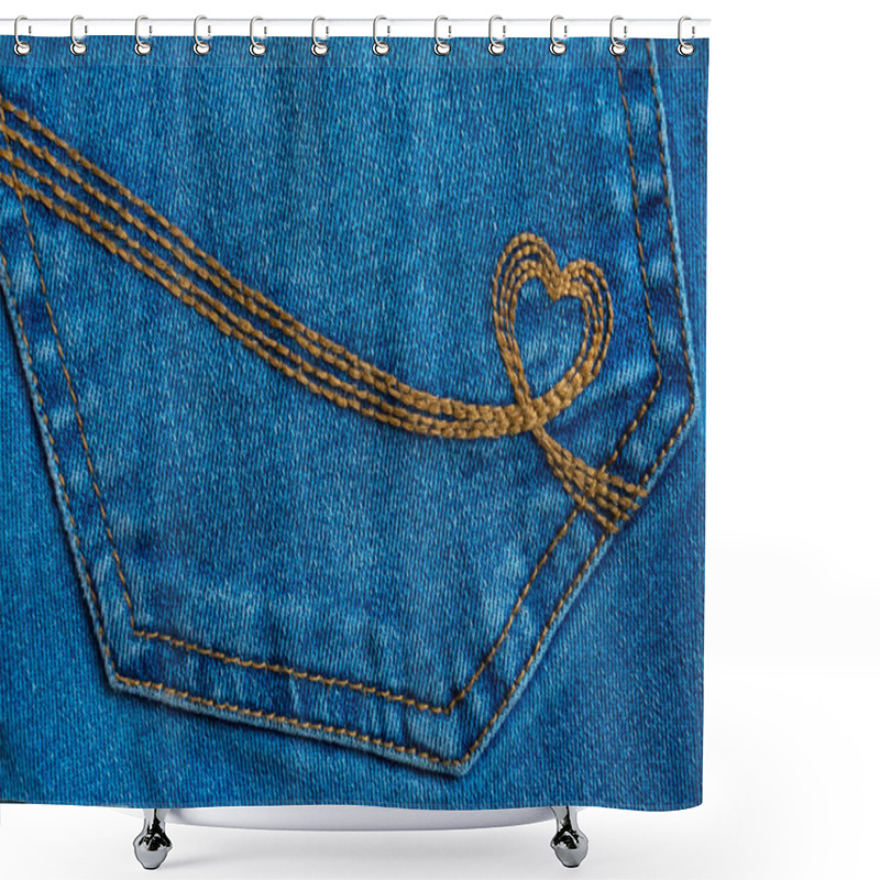 Personality  Embroidery In The Shape Of A Heart On A Denim Pockets. Blue Denim Background With Brown Stitch Shower Curtains