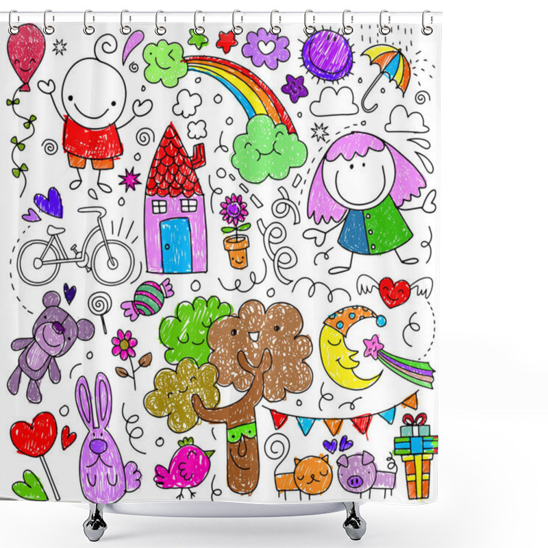 Personality  Collection Of Cute Children's Drawings Of Kids, Animals, Nature, Shower Curtains