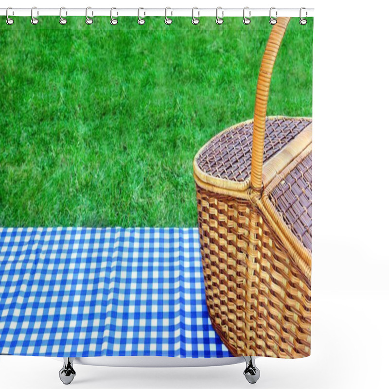 Personality  Picnic Basket On The Table With Blue White Tablecloth Shower Curtains