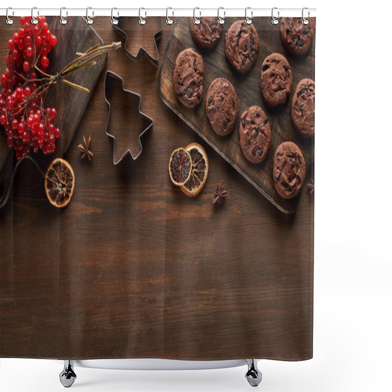 Personality  Top View Of Chocolate Cookies Near Christmas Dough Molds, Viburnum And Spices On Wooden Table Shower Curtains