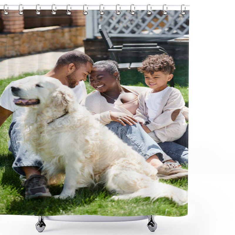 Personality  Family Portrait Of Happy African American Family Having A Great Time While Sitting On Lawn Near Dog Shower Curtains