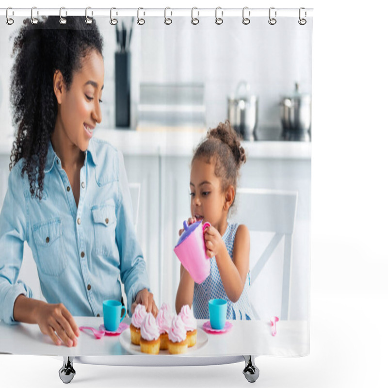 Personality  Smiling African American Daughter And Mother Playing With Plastic Dishes In Kitchen, Kid Pouring Tea Shower Curtains