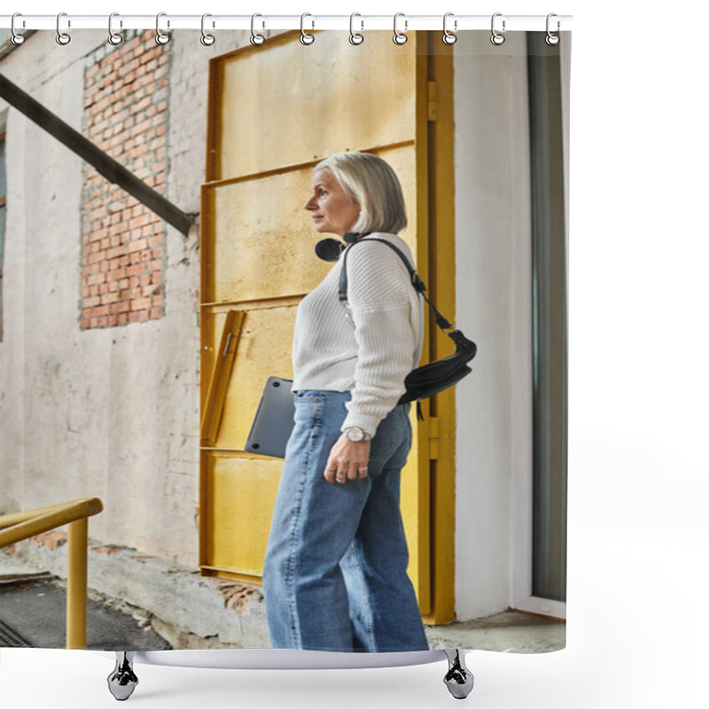 Personality  A Stylish Woman With Gray Hair Awaits By A Bright Yellow Door, Showcasing Elegance And Confidence. Shower Curtains