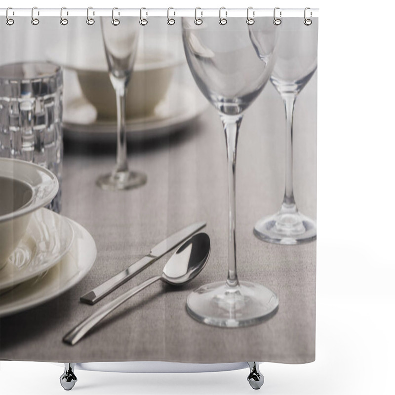 Personality  Selective Focus Of Serving Dishware On Grey Tablecloth Shower Curtains